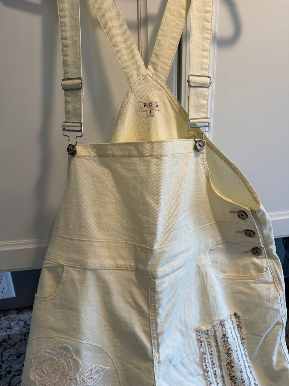 POL Cream Wide-Leg Suspender Jumpsuit with Floral Patch